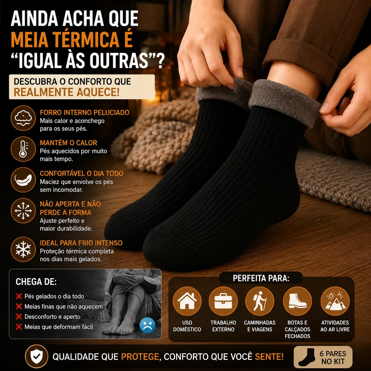 Kit 6 Meias Térmica Grossa Quente Inverno Frio Neve...